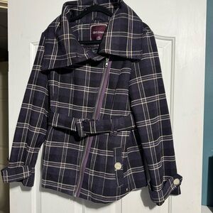 Gentle Fawn Pea Coat Purple Black Plaid Wool Blend Size Large